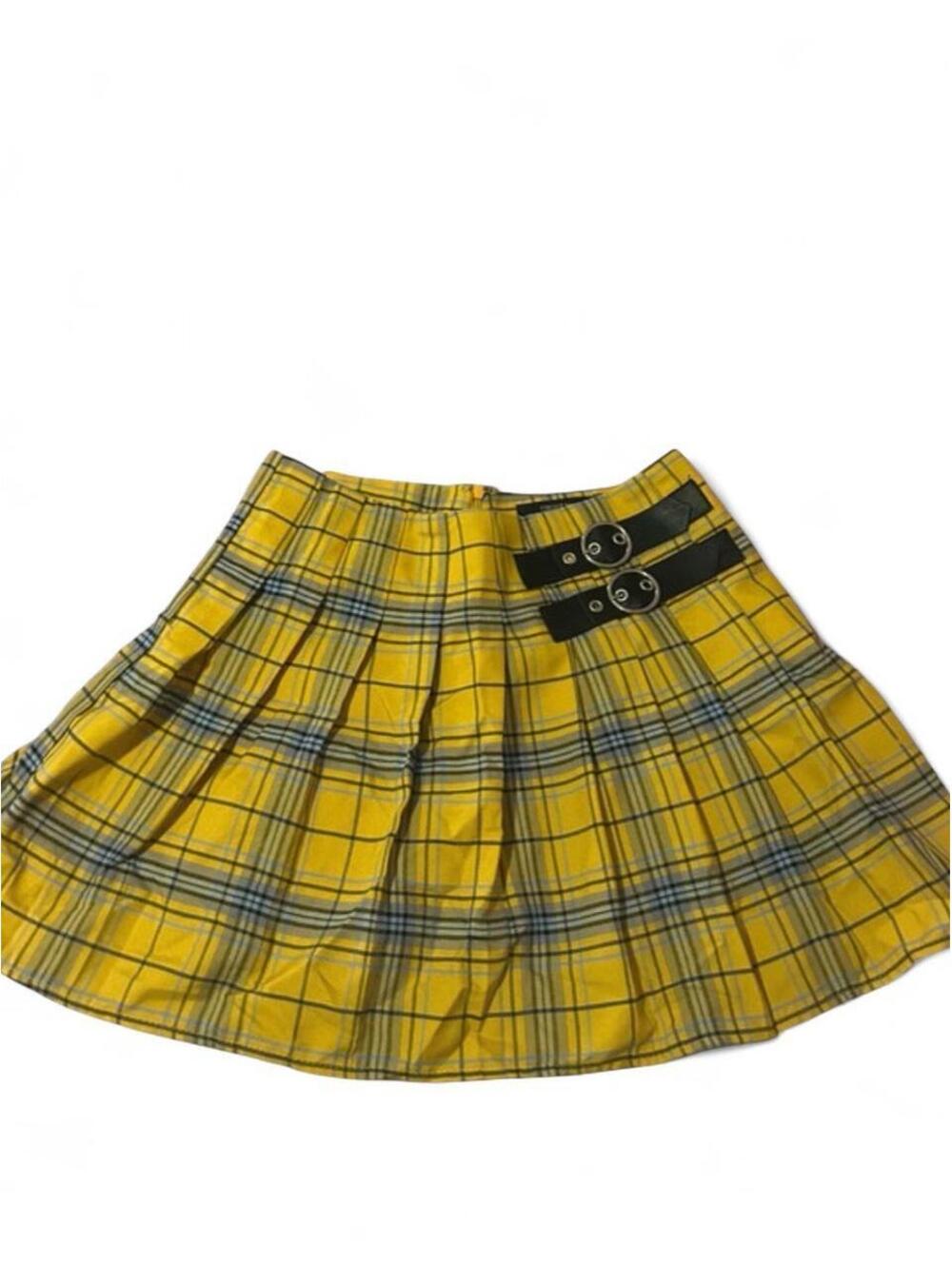 Y2K Forever 21 yellow plaid pleated mini skirt w/ faux-leather double buckle